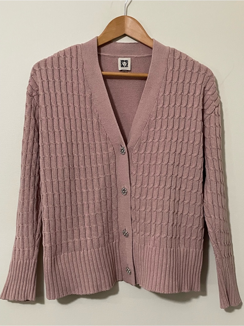 Anne Klein Cable Knit Cardigan Sweater Dusty Pink Rhinestone Buttons Size S